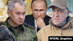 Kollaj (soldan sağa): Sergey Şoyqu, Vladimir Putin və Yevgeni Priqojin