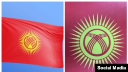 Слева - поднятый на площади флаг, слева - утвержденный Жогорку Кенешем госсимвол. 