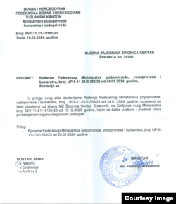 Rješenje ministarstva poljoprivrede, vodoprivrede i šumarstva Federacije BiH o poništavanju vodne saglasnosti.