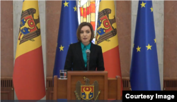 Presidentja moldave, Maja Sandu, në një konferencë për media. 13 shkurt 2023.