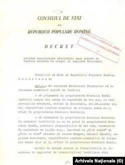 Prin Decretul Consiliului de Stat al Republicii Populare Românem, nr. 163/1962, Vila Roșie (Vila dr. Aurel Dobrescu) și Vila cu Stuf, ambele din Snagov, trec în proprietatea URSS, la schimb cu o vilă de pe str. Dr. Lister, nr. 63.
