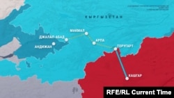 Карта железной дороги «Китай – Кыргызстан – Узбекистан», скриншот из презентации проекта в Жогорку Кенеше.