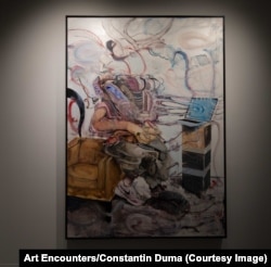 Lucrarea Scenă din atelier, pictură în ulei pe pânză din expoziția Corpul Imposibil de la ISHO Timișoara