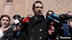 Armenia - Former Yerevan Mayor Hayk Marutian talks to reporters outside the municipality building, March 12, 2024.
