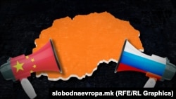 Mapa Sjeverne Makedonije i megafoni sa obilježjima Kine i Rusije, ilustracija