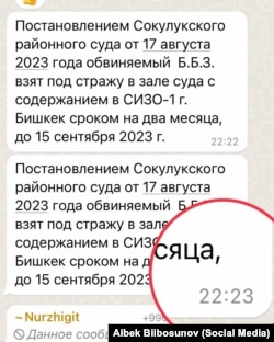 Скриншот из переписки с Чуйским областным судом в WhatsApp.