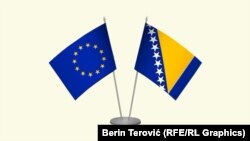 Flamuri i Bashkimit Evropian përkrah flamurit të Bosnjë e Hercegovinës.