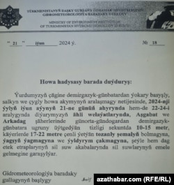 Turkmenistan. Weather warning, which was sent to some of the state offices by the authorities. June, 2024.