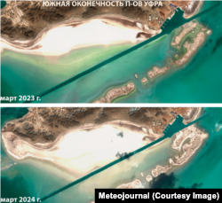 Hazar deňziniň türkmen kenarynyň satellit suratlary deňziň çalt ýalpaklaşýndygyny görkezýär.