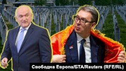 Fotografi ilustruese në të cilin shihet kryeministri në detyrë i Bullgarisë, Dimitar Gllavçev dhe presidenti i Serbisë, Aleksandar Vuçiq, si dhe varret në Srebrenicë, në prapavijë.