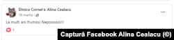 Pe pagina de Facebook a Alinei Cealâcu apare o urare de la Cornel Dimitriu.