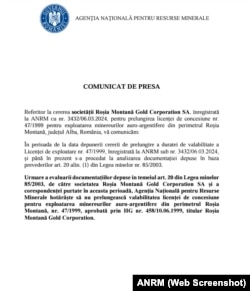 Comunicatul ANRM a fost publicat joi 20 iunie, exact în ziua în care licența de exploatare a zăcământului aurifer și de argint de la Roșia Montană expira.