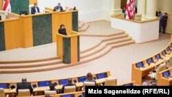 Georgian President Salome Zurabishvili addresses the country's parliament in February 2024.