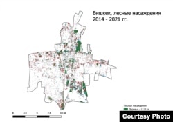 Карта Бишкека. Зеленым обозначены деревья, а красным - вырубленные зеленые насаждения.