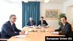 (S leva na desno) Vučić, Borrell, Lajčak i Kurti na poslednjoj rundi dijaloga Kosova i Srbije u Briselu, 14. septembra 2023.