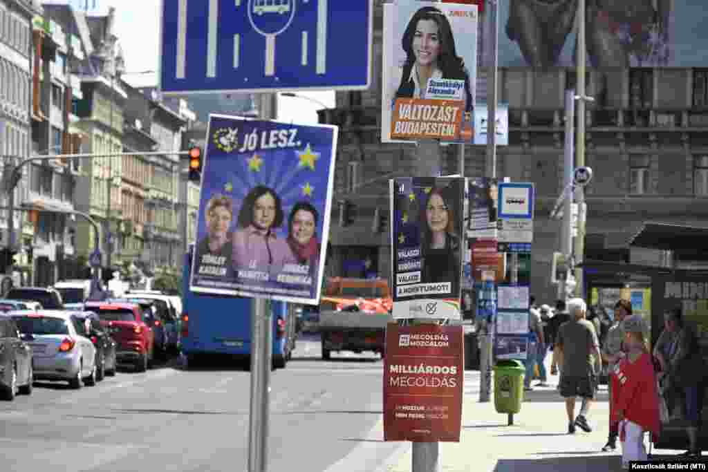 Afișe electorale în Budapesta la 6 iunie 2024. Peter Magyar, un avocat în vârstă de 43 de ani și cândva aliat al lui Orban, a câștigat un număr tot mai mare de susținători de la începutul acestui an. Fondatorul noului partid Respect și Libertate (Tisza) și-a construit opoziția pe acuzații de corupție și proastă administrație la adresa guvernului Orban. Unii politologi văd aceste alegeri ca pe un referendum.