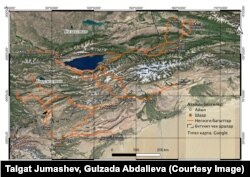 1916-жылдагы кыргыздар качкан багыттар. Гүлзада Абдалиева жана Талгат Жумашев түзгөн карта