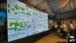 په اسلام اباد کې د انتخاباتي کمېشن په مرکزي دفتر کې پر پرده د انتخاباتو لومړنۍ نتیجې ښکاري - 