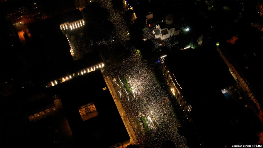 Drone footage captured by RFE/RL's Georgian Service shows the massive scale of the latest protests in Tbilisi overnight on May 1. &nbsp;