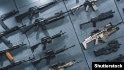 O colecție de carabine și puști amplasate pe un perete. (Imagine simbol).