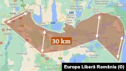 Harta zonei în care ar putea fi impuse noile restricții de zbor, realizată de Europa Liberă, pe baza informațiilor furnizate de MApN.