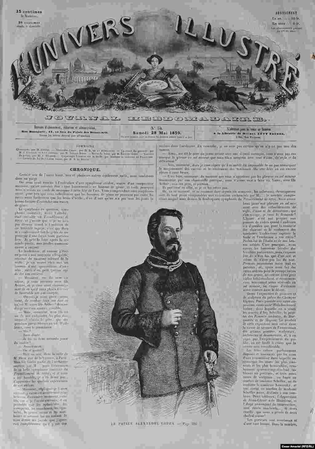 Principale Alexandru Ioan Cuza pe prima pagină a ziarului francez L'Univers Illustre din luna mai 1859.