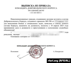 Document semnat de colonelul GRU în retragere Aleksei Kondratiev, în care se afirmă că grupul cunoscut sub numele de Corpul Voluntarilor Ruși a fost creat de Ministerul rus al Apărării