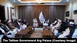 د طالبانو د حکومت د رییس الوزرا سیاسي مرستیال مولوي عبدالکبیر او نور چارواکي د جمعیت علمای اسلام (ف) له مشر مولانا فضل الرحمان او نورو سیاستوالانو سره خبرې کوي - د جنورۍ اوومې انځور.