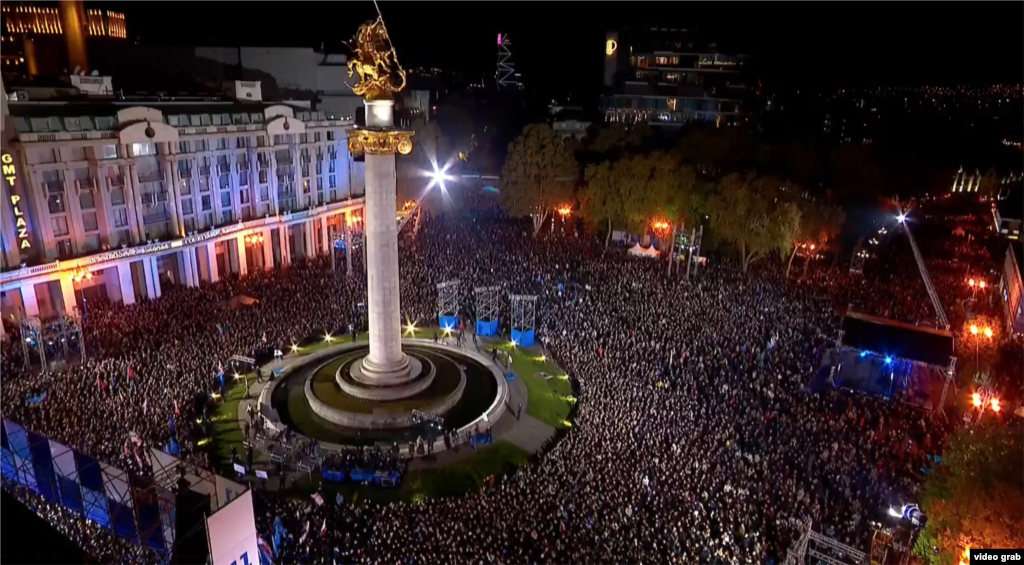 A general view over the crowd at Georgian Dream party closing rally in the capital on October 23. The ruling Georgian Dream party has been in power since 2012 and seeks another four-year term. GD has adopted controversial laws banning "LGBT propaganda" and restricting the activities of NGOs and media that receive foreign funding.