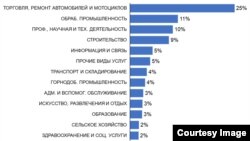 Количество работников-россиян по видам экономической деятельности (в процентах) в Казахстане. Данные министерства труда Казахстана