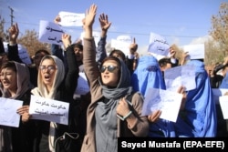 Hazara minority members from the Malistan and Jaghuri districts of the restive Ghazni Province shout slogans against the deteriorating security situation in their resident districts as they arrive in Ghazni city to take refuge on November 15.