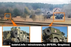 Каляж. Уверсе фатаздымак «Таварыства чыгуначнікаў Беларусі», які зафіксаваў разгрузку бранявых аўтамабіляў на станцыі Азярышча 30 сакавіка. Ніжэй фатаздымкі браняваных аўтамабіляў, падобных на «Лінзу» і «Спартак», на рэпэтыцыі параду на аэрадроме Ліпкі 3 красавіка 2025 году