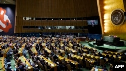 U.S. - Ukraine's UN Ambassador Sergiy Kyslytsya speaks during a UN General Assembly vote on a draft resolution seeking to suspend Russia from the UN Human Rights Council in New York City on April 7, 2022.