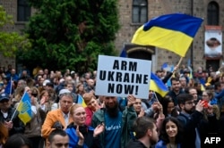 Bulgarian protesters rally in support of Ukraine in Sofia in April 2022. .