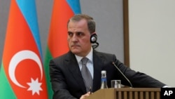 Azerbaijan - Azerbaijan's Foreign Minister Jeyhun Bayramov speaks to the media during a joint news conference with German Foreign Minister Annalena Baerbock following their talks in Baku, November 4, 2023. 
