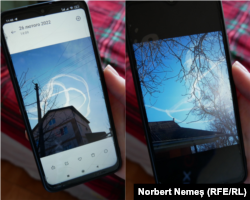 Avioane rusești deasupra orașuliu Fastiv (26 februarie 2022). În stânga - imagine primită de la una dintre prietenele Nastiei. În dreapta - fotografie realizată de Nastia.