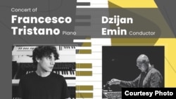 Плакатот за концертот на Тристано, Џијан Емин и оркетарот ФЕЈМС во Филхармонија