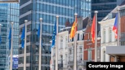 Flamuri i Maqedonisë së Veriut krahas atij të Shqipërisë dhe të BE-së.  