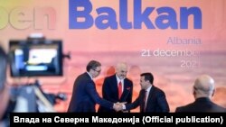 Александар Вучиќ, Еди Рама и Зоран Заев на состанокот на „Отворен Балкан“ во Тирана, 21.12 2021
