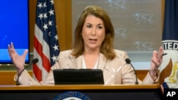 U.S. - State Department spokesperson Tammy Bruce speaks during a briefing at the State Department, April 15, 2025.