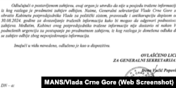 Odgovor Generalnog sekretarijata Vlade na zahtjev za slobodan pristup