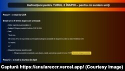 Captură de pe un website în care sunt oferite instrucțiuni pentru cereri de suspendare a executării deciziei CCR de anulare a alegerilor prezidențiale