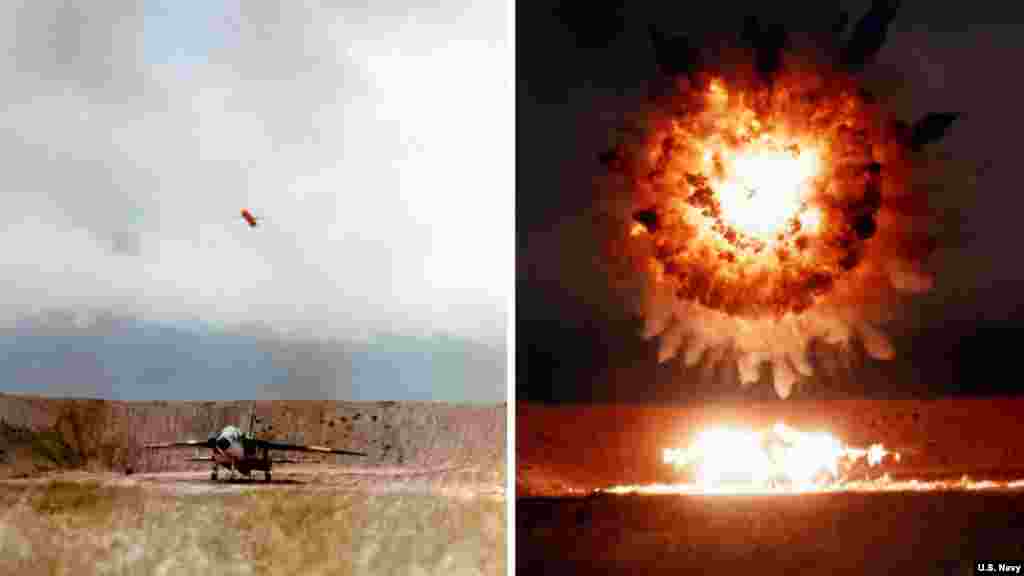 Kombinovane fotografije prikazuju detonaciju Tomahawk rakete iznad aviona tokom testiranja 1986. godine.Raketa dužine 5,5 metara opremljena je bojevom glavom teškom gotovo pola tone i može letjeti oko 1.600 kilometara.