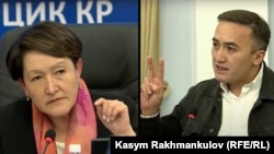 Председатель ЦИК Нуржан Шайлдабекова и кандидат в депутаты Бишкекского горкенеша от НДПК Илим Карыпбеков. 23 апреля 2021 года.