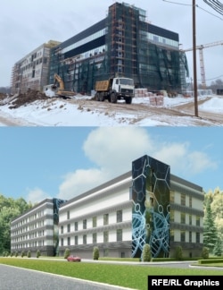 Строительство новых зданий 48 ЦНИИ в поселке Сергиев Посад-6. Рендер на сайте компании "Окна Стар" и фото с места строительства, выложенное одним из сотрудников компании в социальной сети "ВКонтакте" в апреле 2023 года.