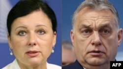 European Commission Vice President Vera Jourova (left) said Hungarian Prime Minister Viktor Orban "likes to say he is building an illiberal democracy. I would say he is building an ill democracy."