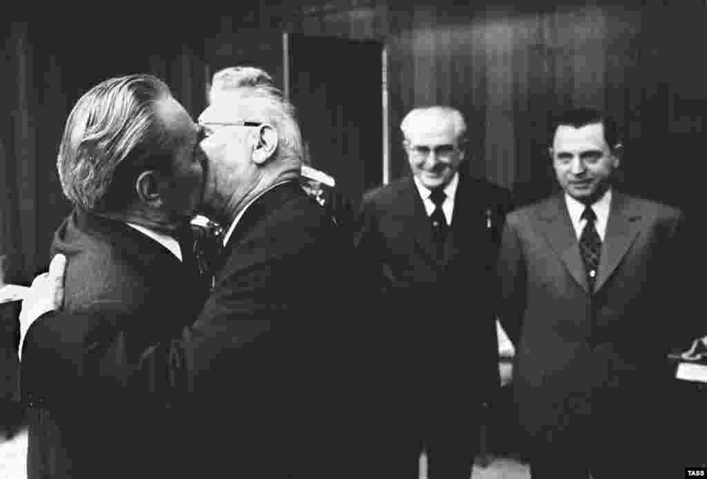 Soviet leader Leonid Brezhnev and Nikolai Podgrony, the chairman of the Presidium of the Supreme Soviet, are locked into a "socialist fraternal kiss" inside the Kremlin in 1975. Homosexuality was made illegal by Stalin in 1933. The law could punish gay men with up to five years hard labor. Lesbianism was never criminalized but thorazine, an early antipsychotic medication, was recommended to "cure" gay women.
