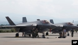 US F-35 fighter jets at a military base in Skopje, North Macedonia, in June 2022