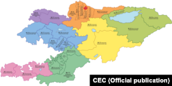 Бишкек, Кыргызстан. Жаңы карта. Кыргызстандагы бир мандаттуу шайлоо округдарынын (округдардын) картасы. Бардык 36 округ. БШК - Борбордук шайлоо комиссиясы. Бишкек, Кыргызстан.