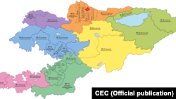 Кыргызстандагы бир мандаттуу округдардын картасы. Жалпы 36 округ. Сентябрь, 2021-жыл.